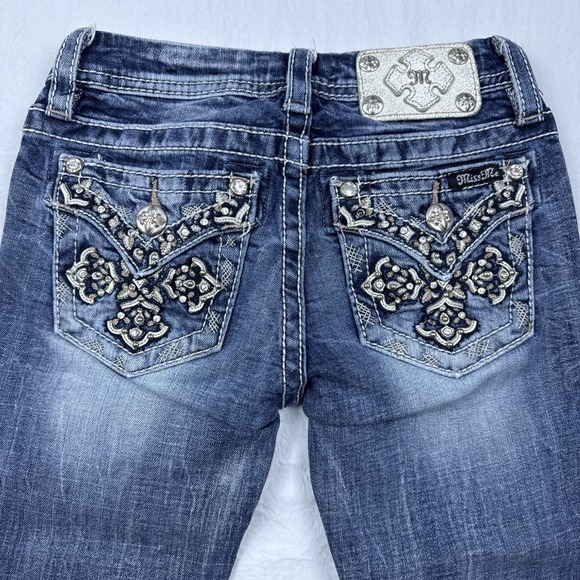 Miss Me Denim - Miss Me Crop GIRLS 21x18 Jeans Cross Flap Blue Rhinestone EMBELISHED